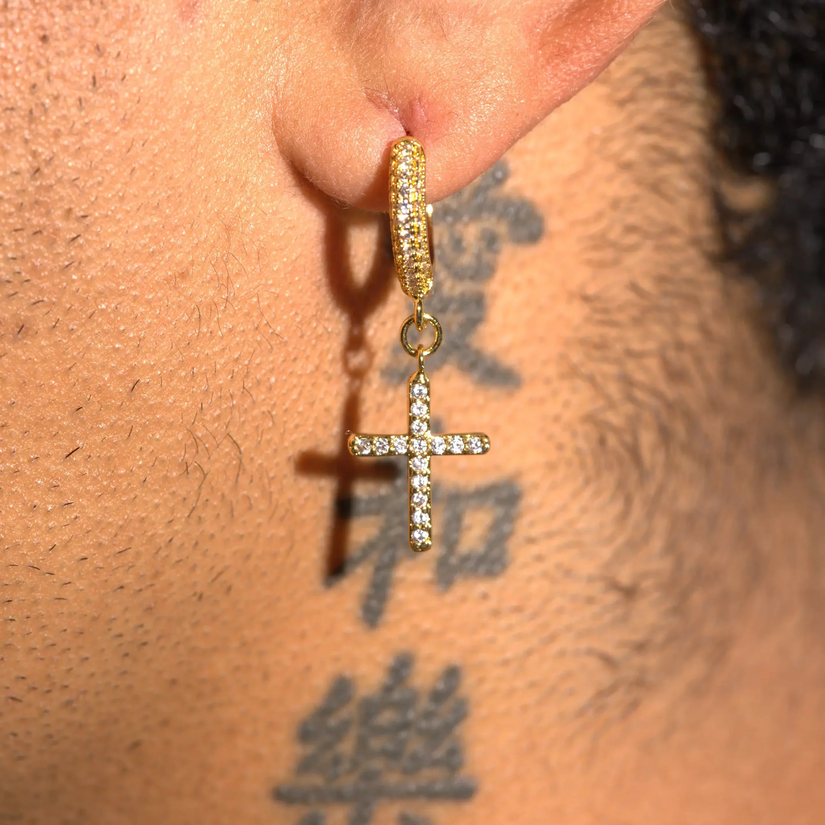 Iced Cross Earrings - Gold - Image 2