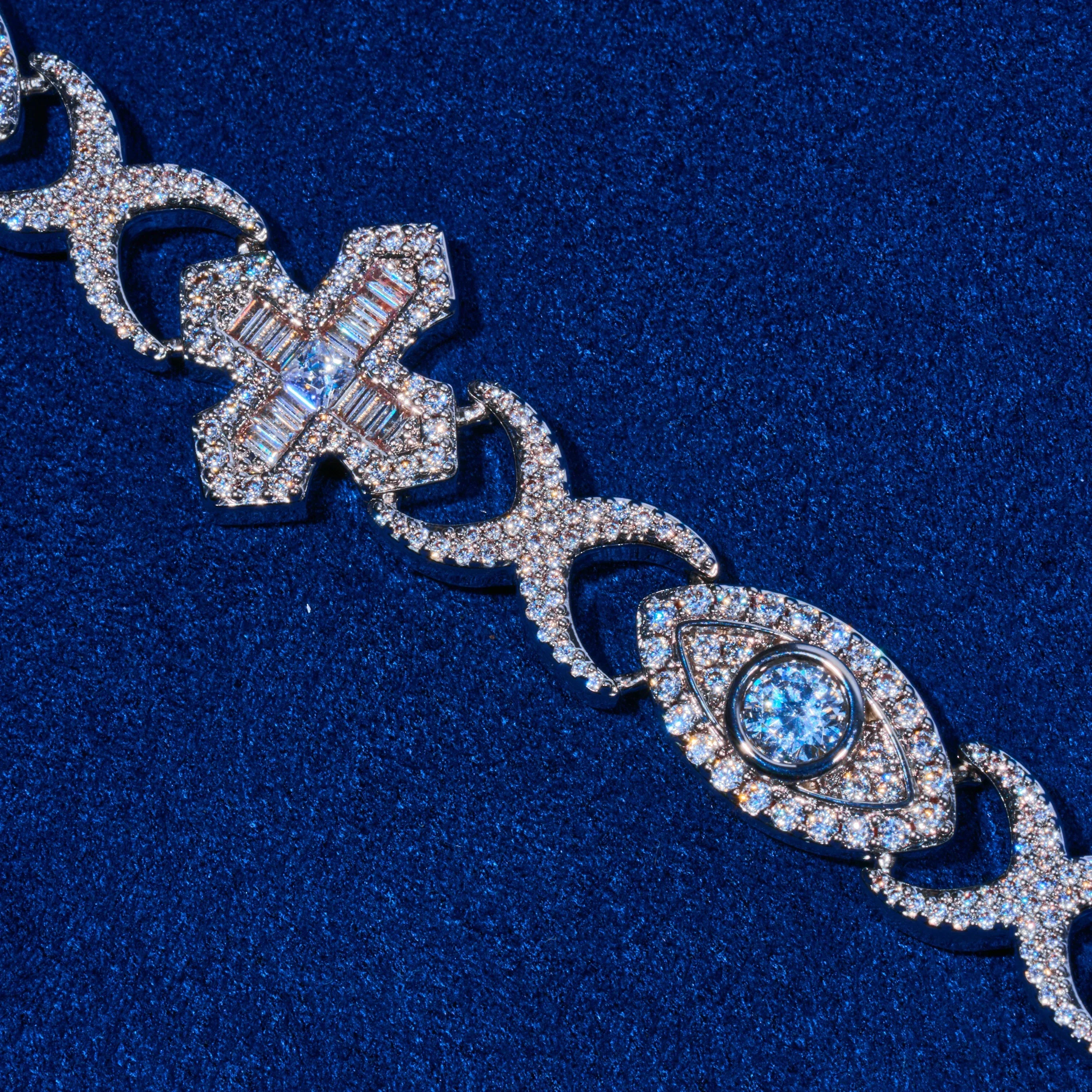 Moissanite Baguette Cross Evil Eye Chain - Silver - D Color - IF - Image 2