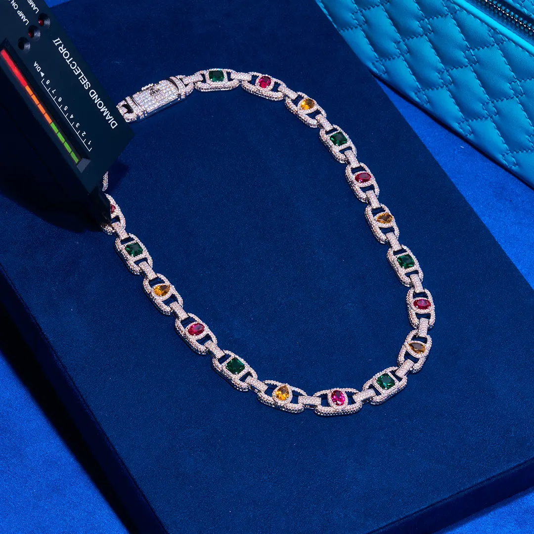 Moissanite Diamond Multicolor Cluster Mariner Chain - Silver - D Color - IF