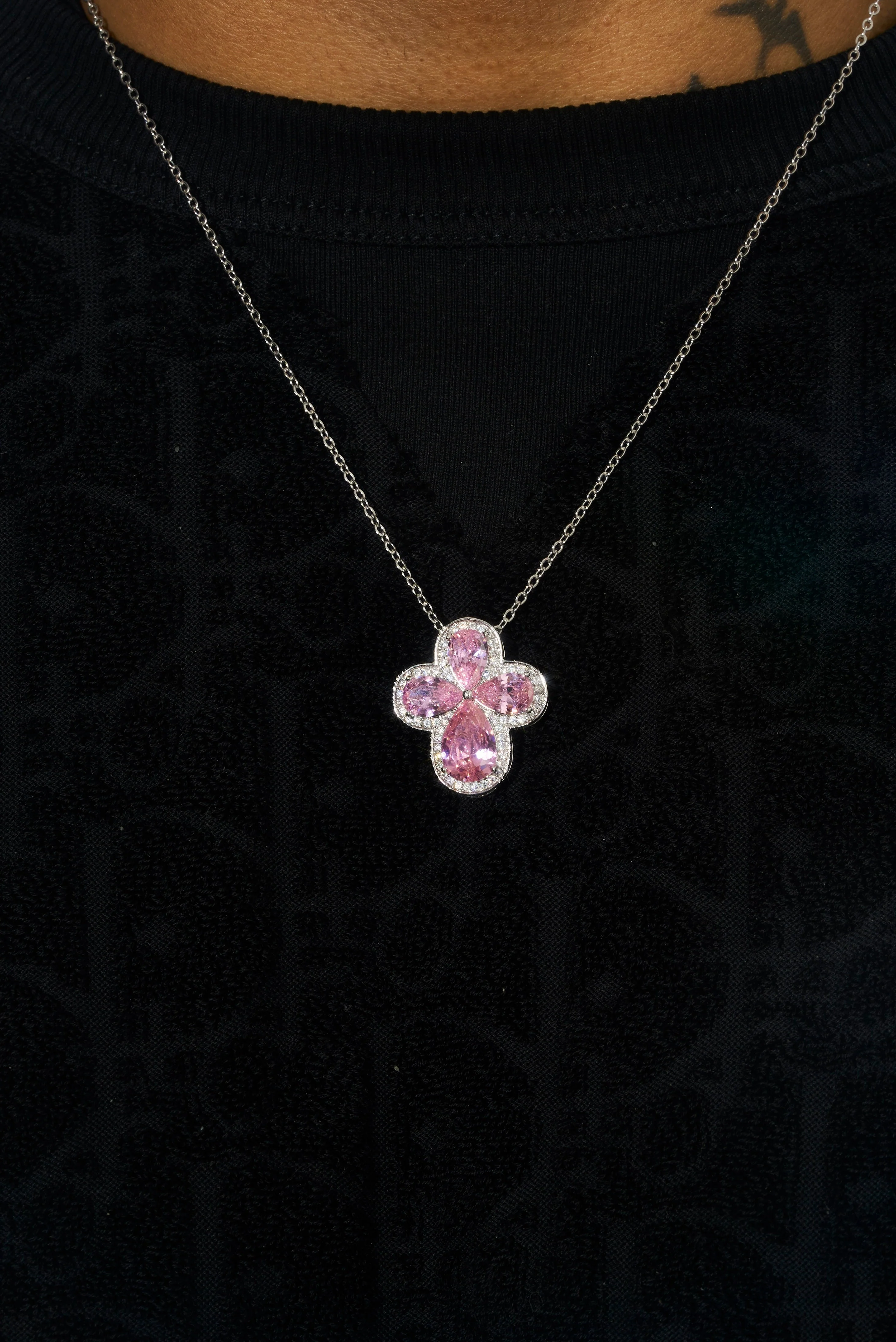Pink Gemstone Four Leaf Clover Adjustable Necklace- White Gold - Image 2