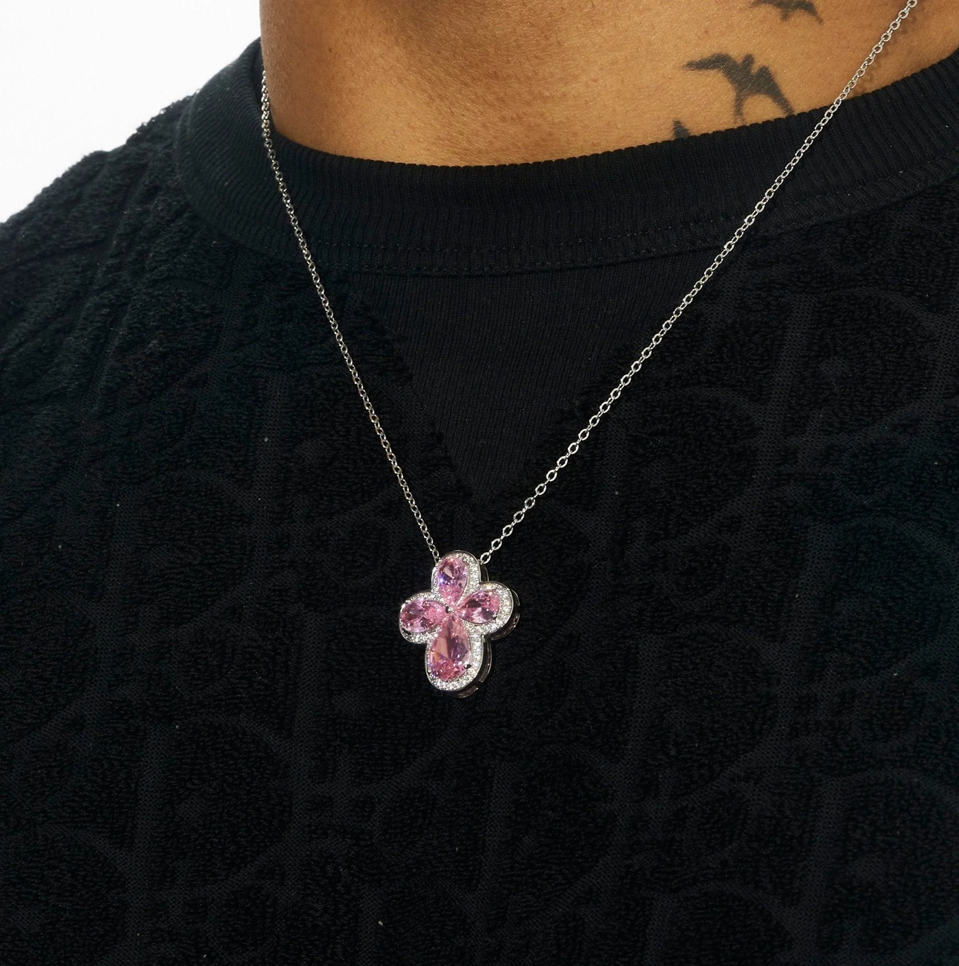 Pink Gemstone Four Leaf Clover Adjustable Necklace- White Gold - Image 3