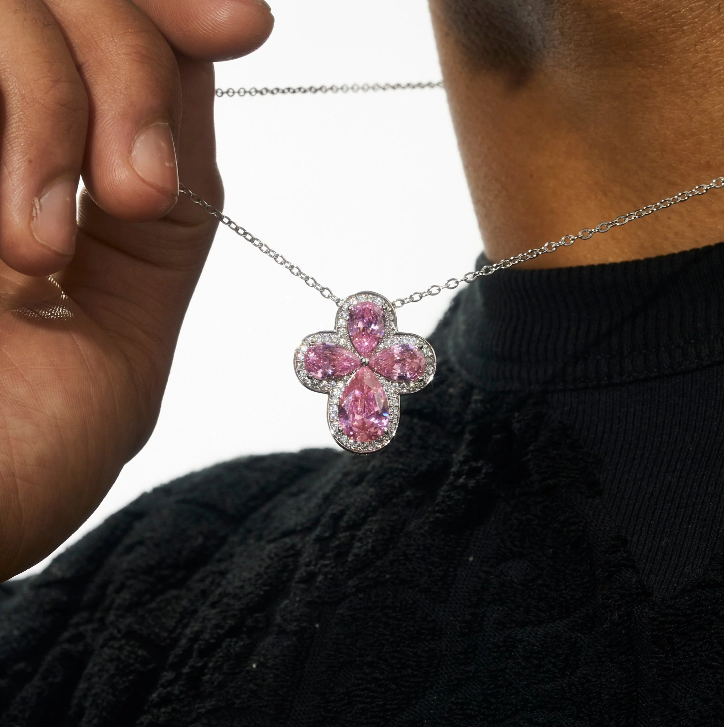 Pink Gemstone Four Leaf Clover Adjustable Necklace- White Gold - Image 4