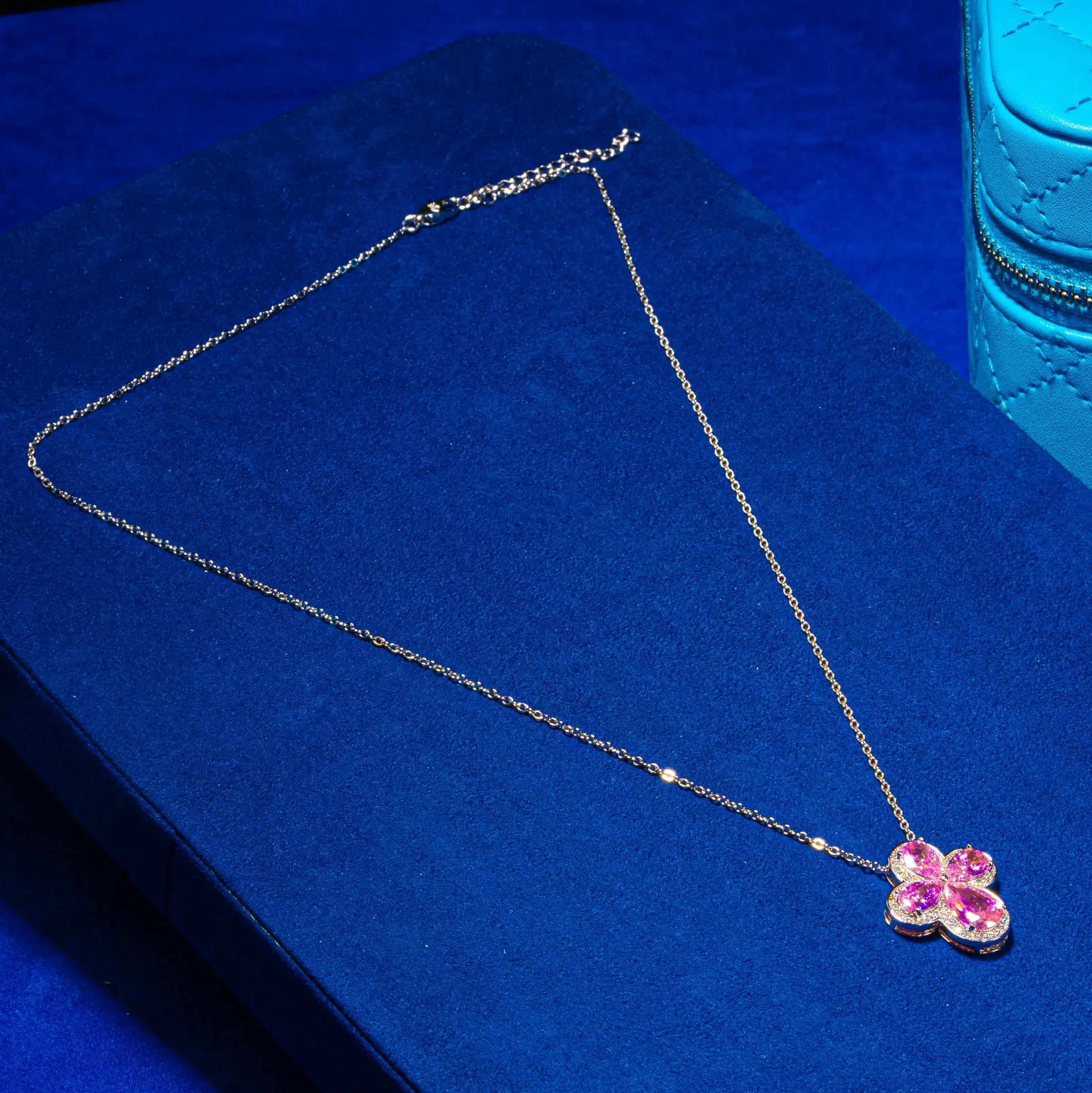 Pink Gemstone Four Leaf Clover Adjustable Necklace- White Gold - Image 5