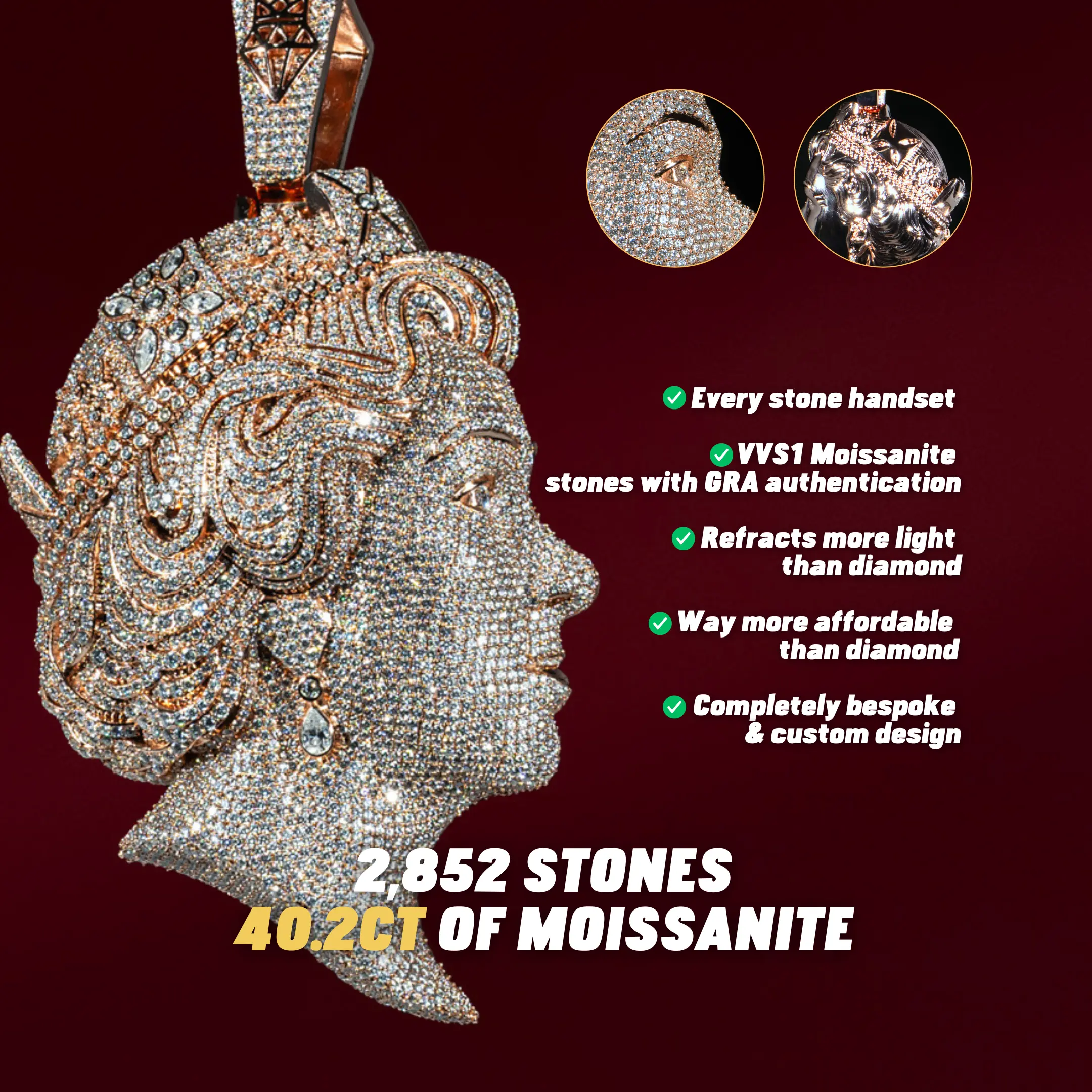 Queen Elizabeth Moissanite Pendant (Inspired by Central Cee) - Rose Gold - Image 2